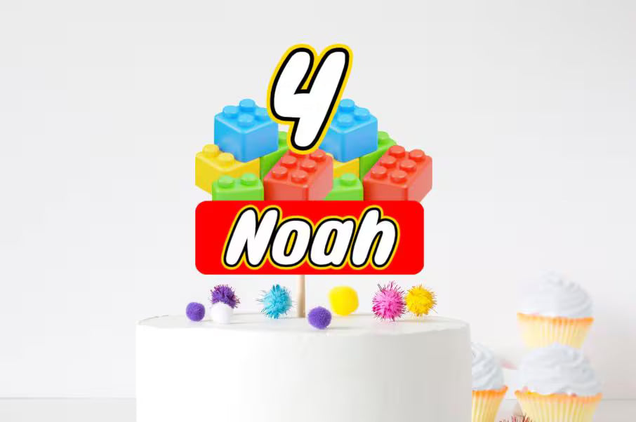 Lego Birthday Cake Topper – Personalised Name & Age, Boys Building Brick Party Decoration