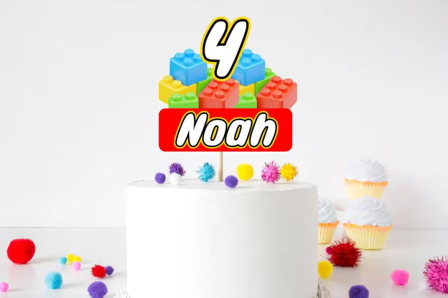 Lego Birthday Cake Topper – Personalised Name & Age, Boys Building Brick Party Decoration