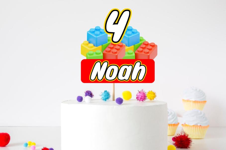 Lego Birthday Cake Topper – Personalised Name & Age, Boys Building Brick Party Decoration
