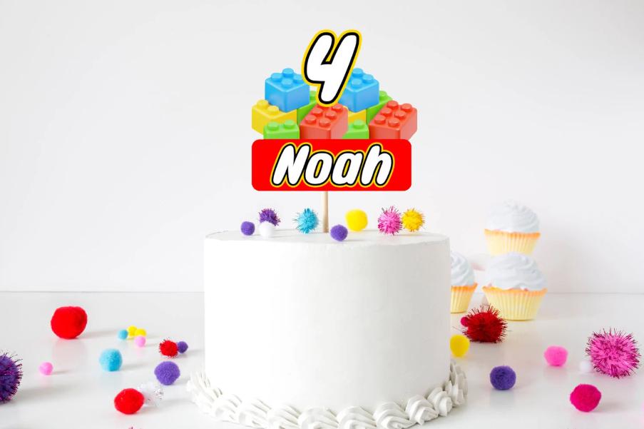 Lego Birthday Cake Topper – Personalised Name & Age, Boys Building Brick Party Decoration