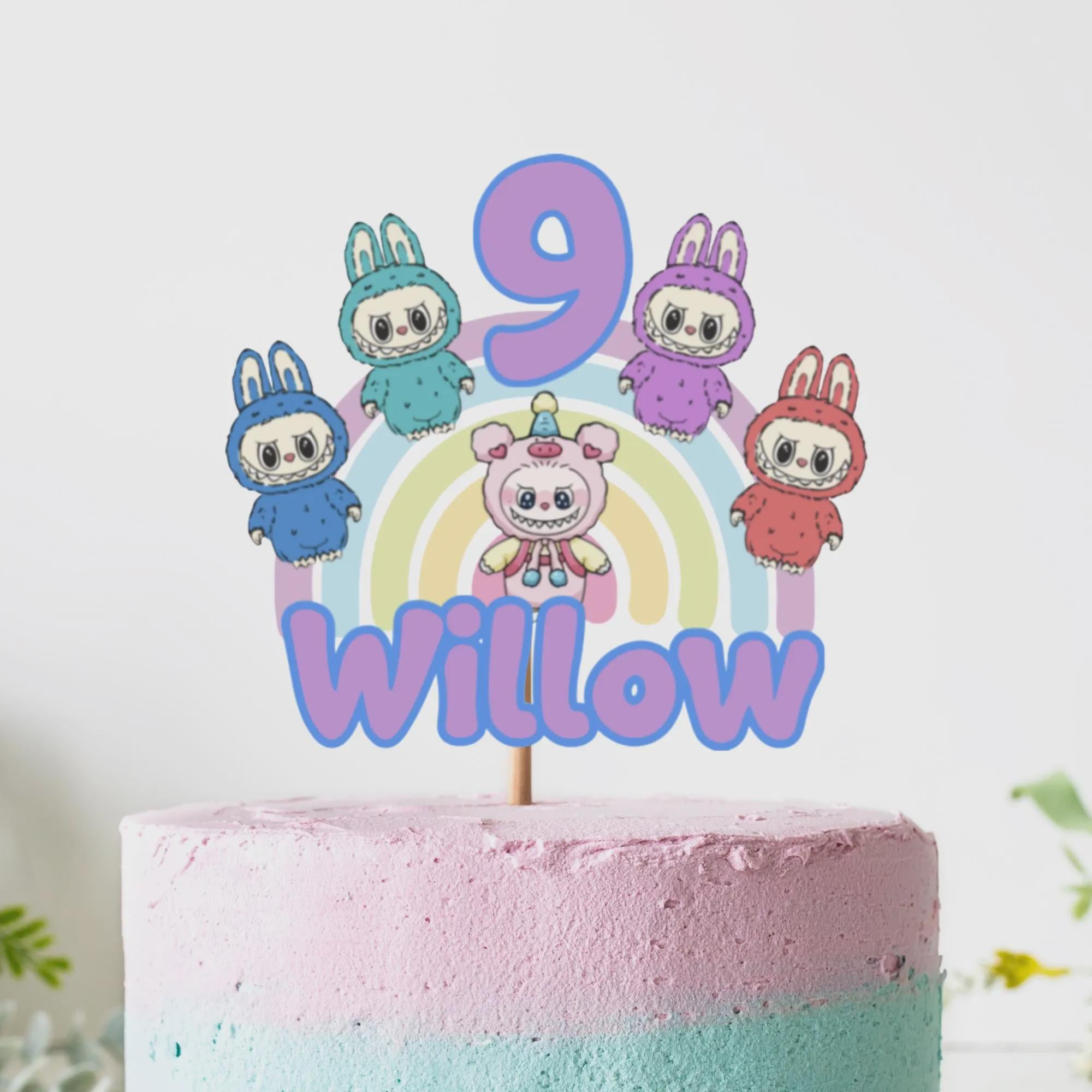 Personalised Cute Labubu Cake Topper – Custom Name & Age, Girls Doll Birthday Decoration