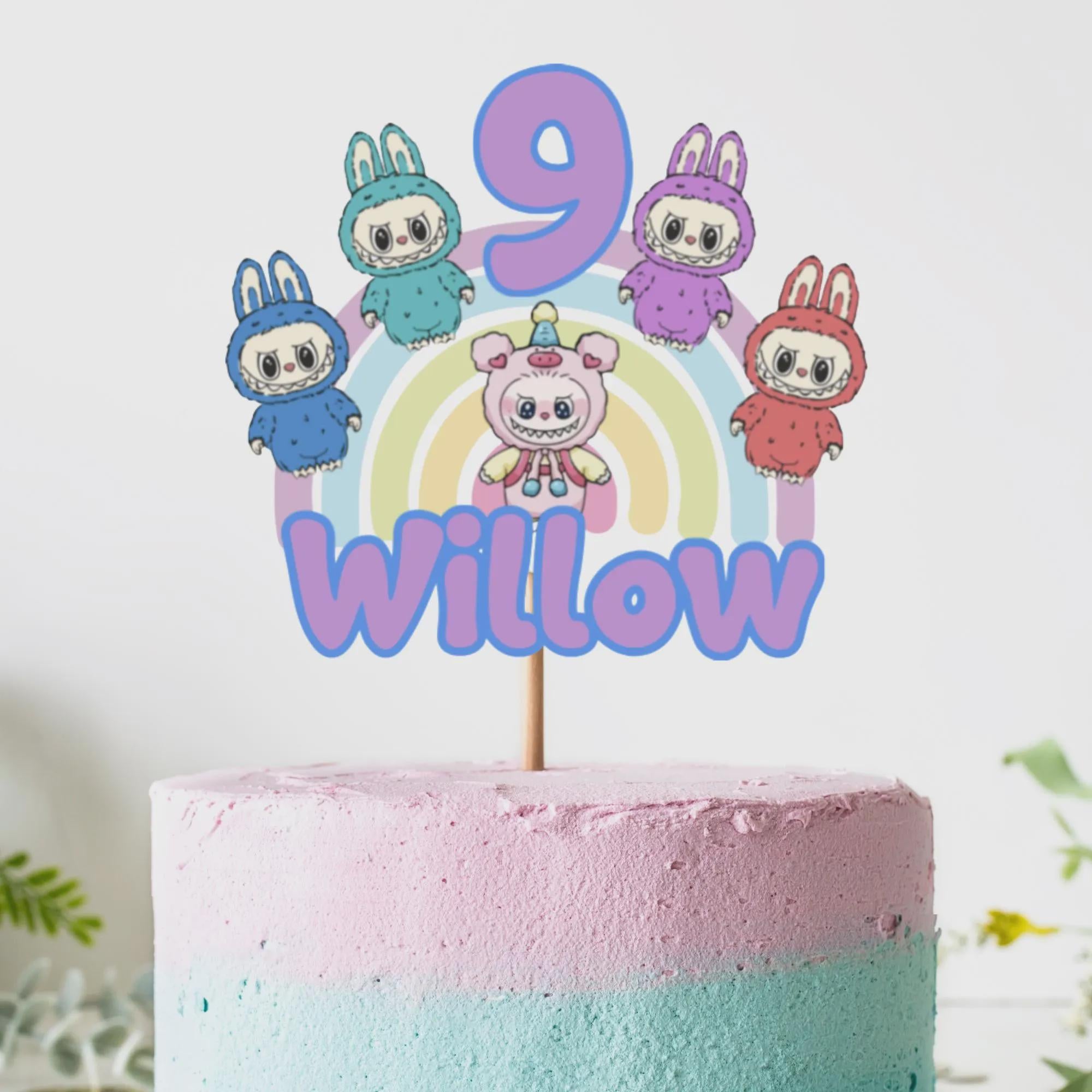 Personalised Cute Labubu Cake Topper – Custom Name & Age, Girls Doll Birthday Decoration